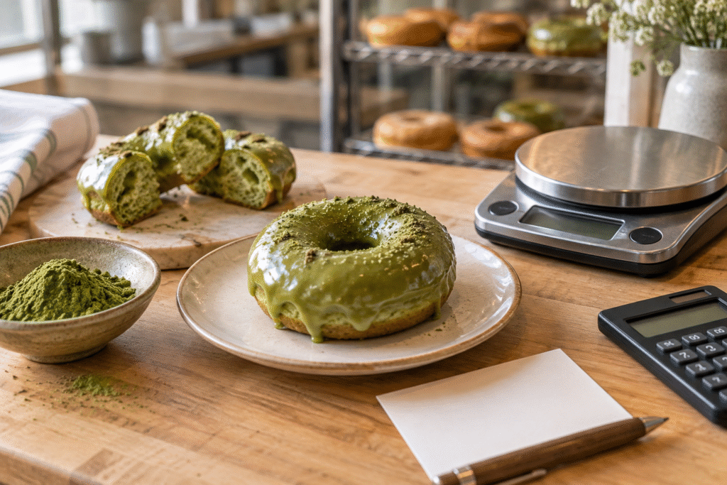 Glazed matcha donut, cut donut, kitchen scale, calculator, matcha powder and blank note card on a bakery counter