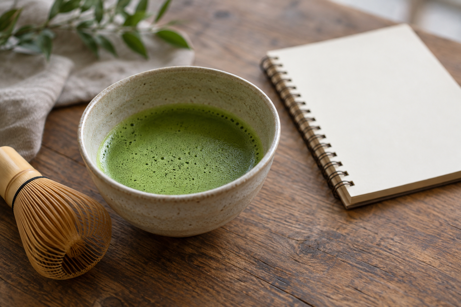A bowl of matcha, whisk and blank evidence notes on a neutral table