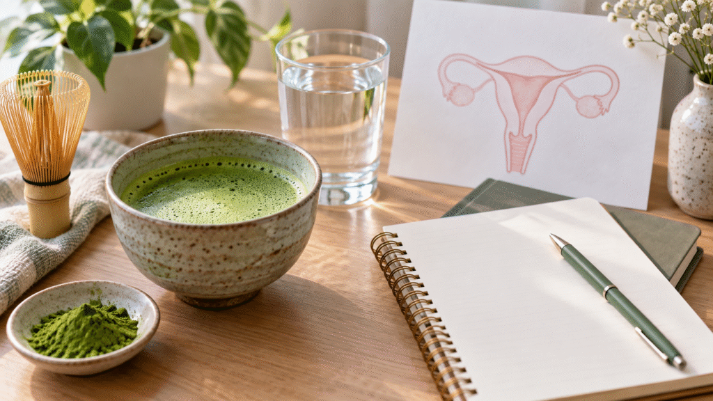 Matcha bowl beside water, blank notes and an abstract uterus sketch