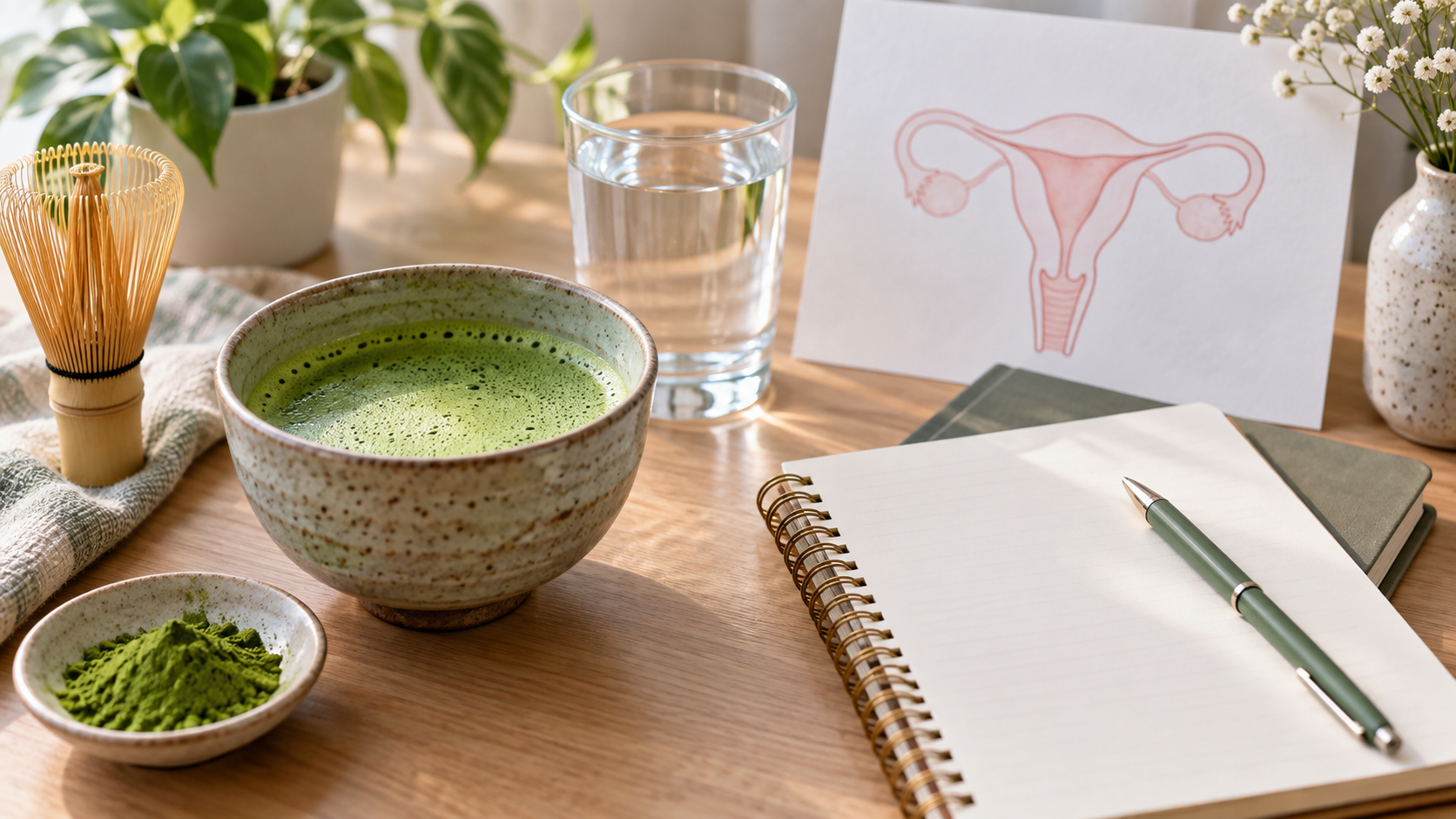 Matcha bowl beside water, blank notes and an abstract uterus sketch