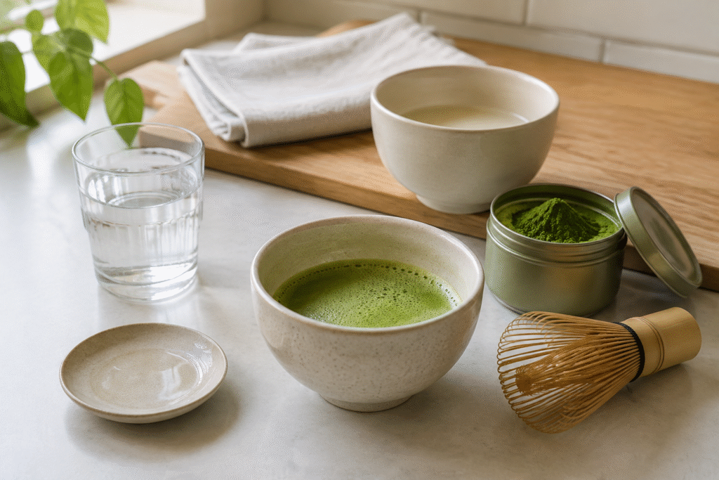 Matcha bowl, powder, whisk, water and milk arranged on a kitchen counter for taste troubleshooting