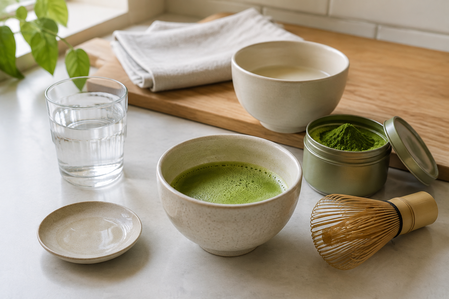 Matcha bowl, powder, whisk, water and milk arranged on a kitchen counter for taste troubleshooting