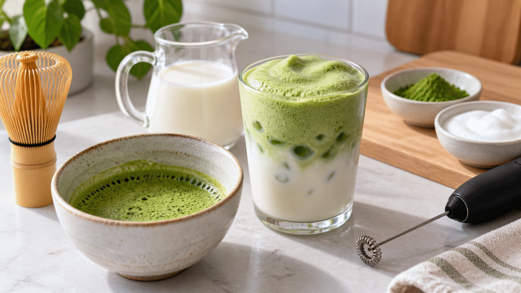 Matcha bowl, iced matcha foam drink, milk pitcher, bamboo whisk and handheld frother on a kitchen counter