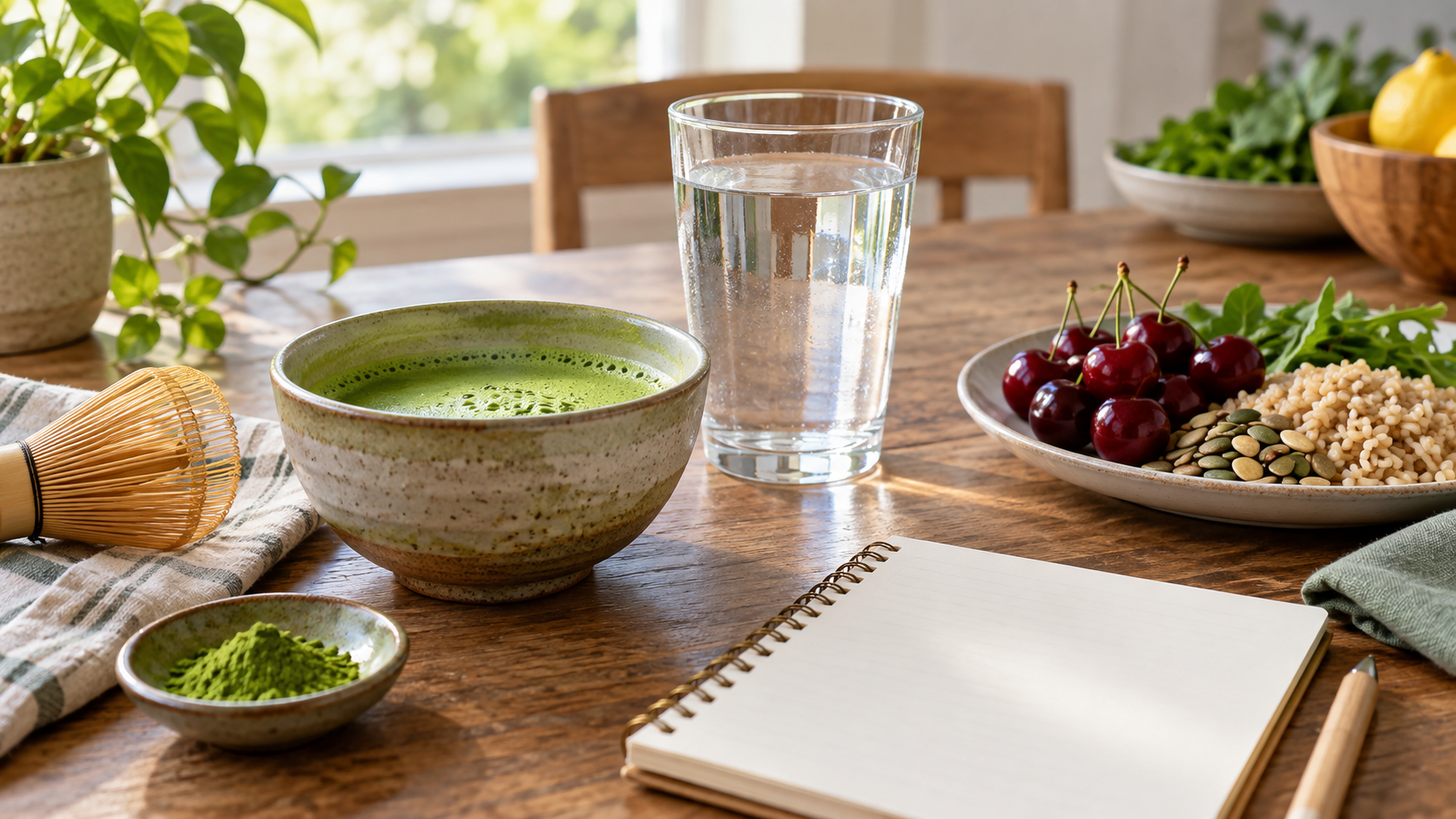 Matcha bowl beside water, cherries, grains and a blank meal-planning notebook