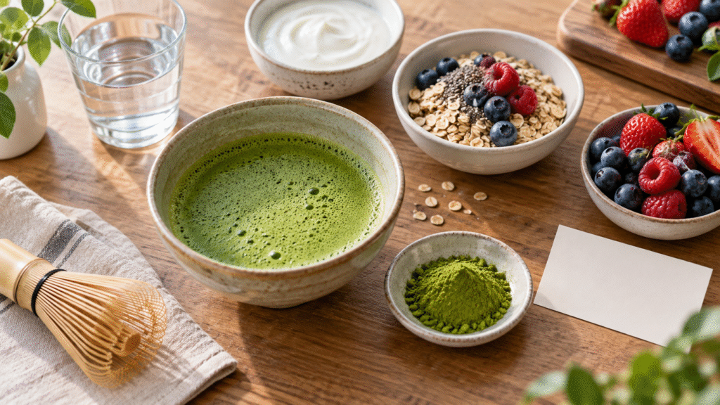 Bowl of matcha with yogurt, oats, berries and water on a kitchen table