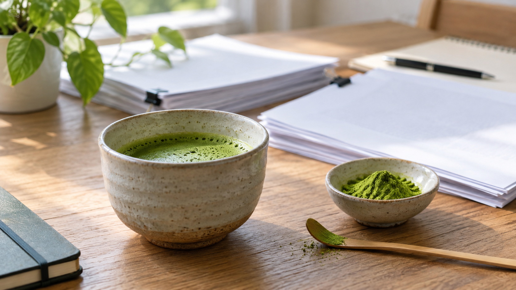 Matcha bowl beside blank research papers and green tea powder