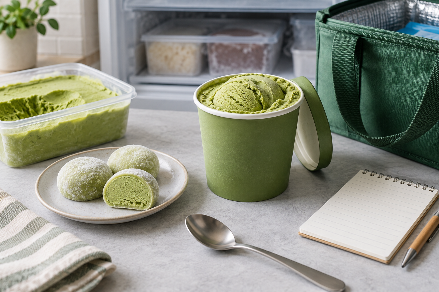 Unbranded matcha ice cream pint, mochi ice cream, cold bag, spoon and blank shopping note near a freezer