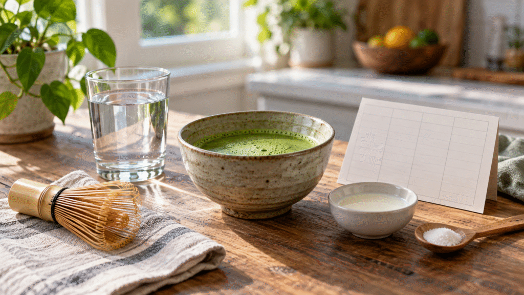 Plain matcha beside water, milk, sugar and a blank fasting schedule