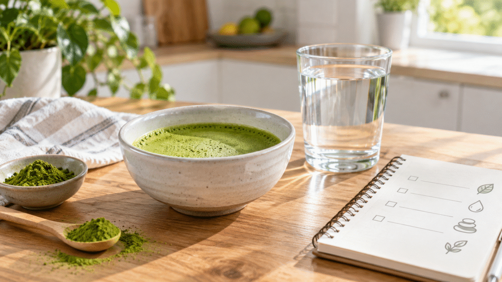 Plain matcha tea beside water, measured matcha powder and a checklist notebook