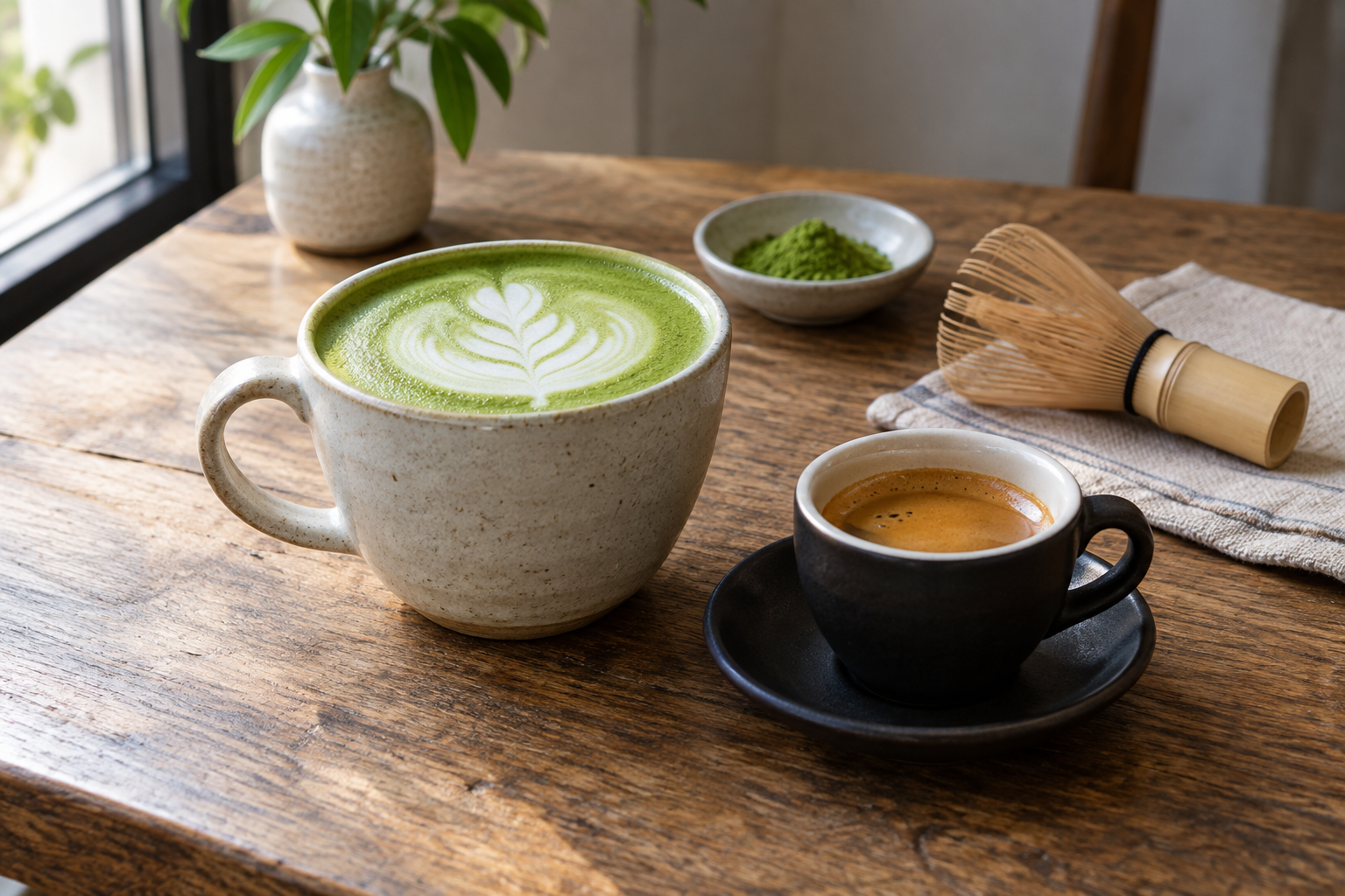 A matcha latte beside a small espresso cup with matcha powder and a bamboo whisk