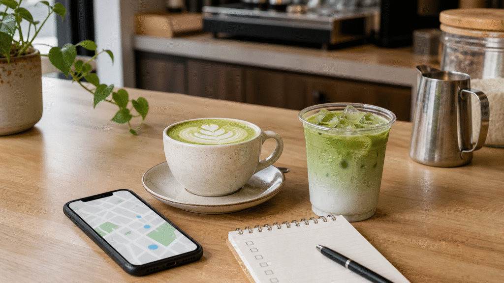 Hot and iced matcha lattes on a cafe counter beside a phone map and checklist