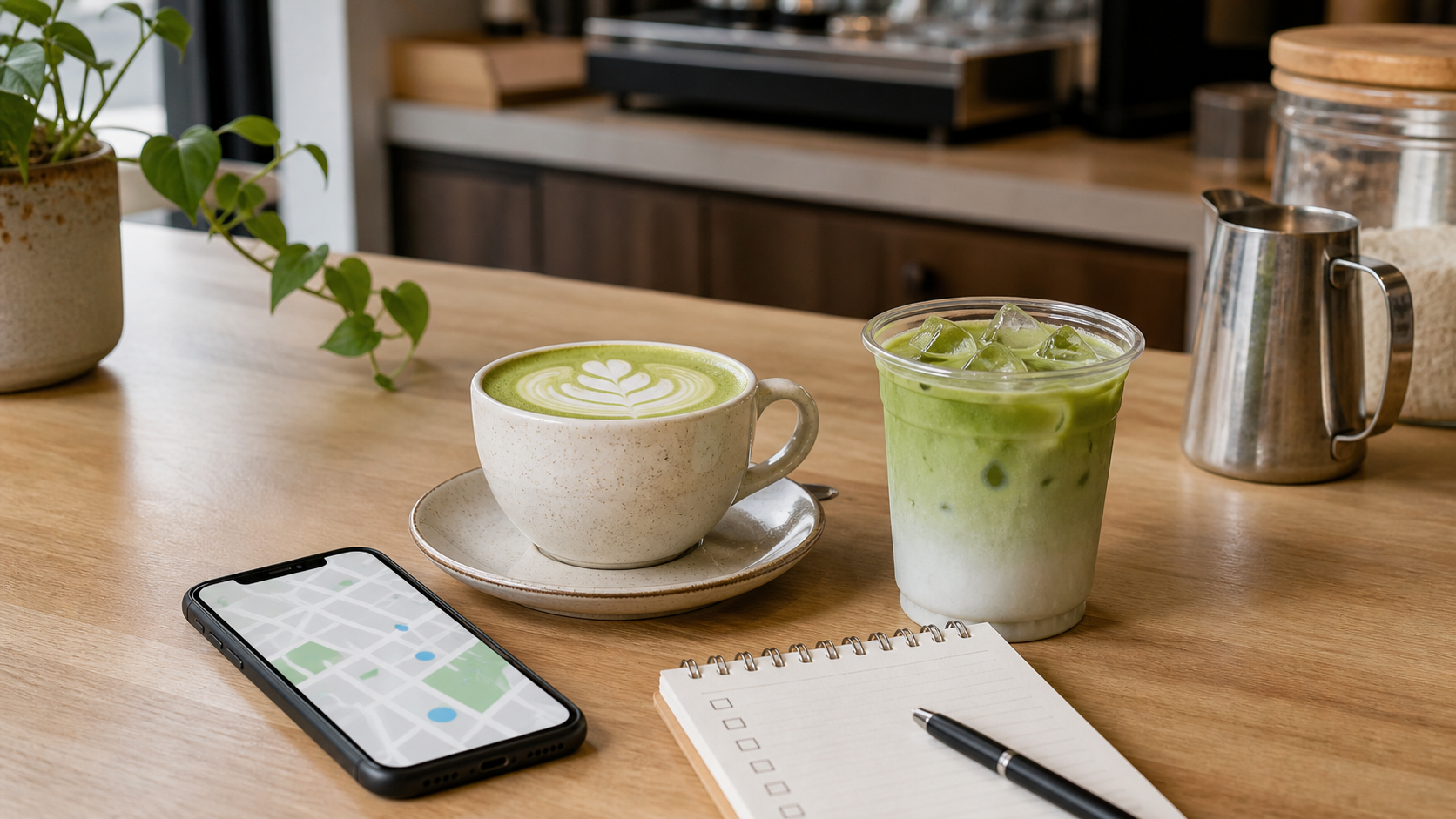 Hot and iced matcha lattes on a cafe counter beside a phone map and checklist
