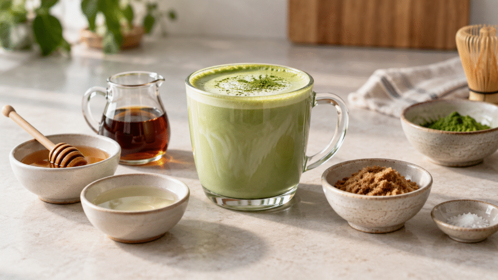 Matcha latte beside honey, maple syrup, simple syrup, brown sugar and salt