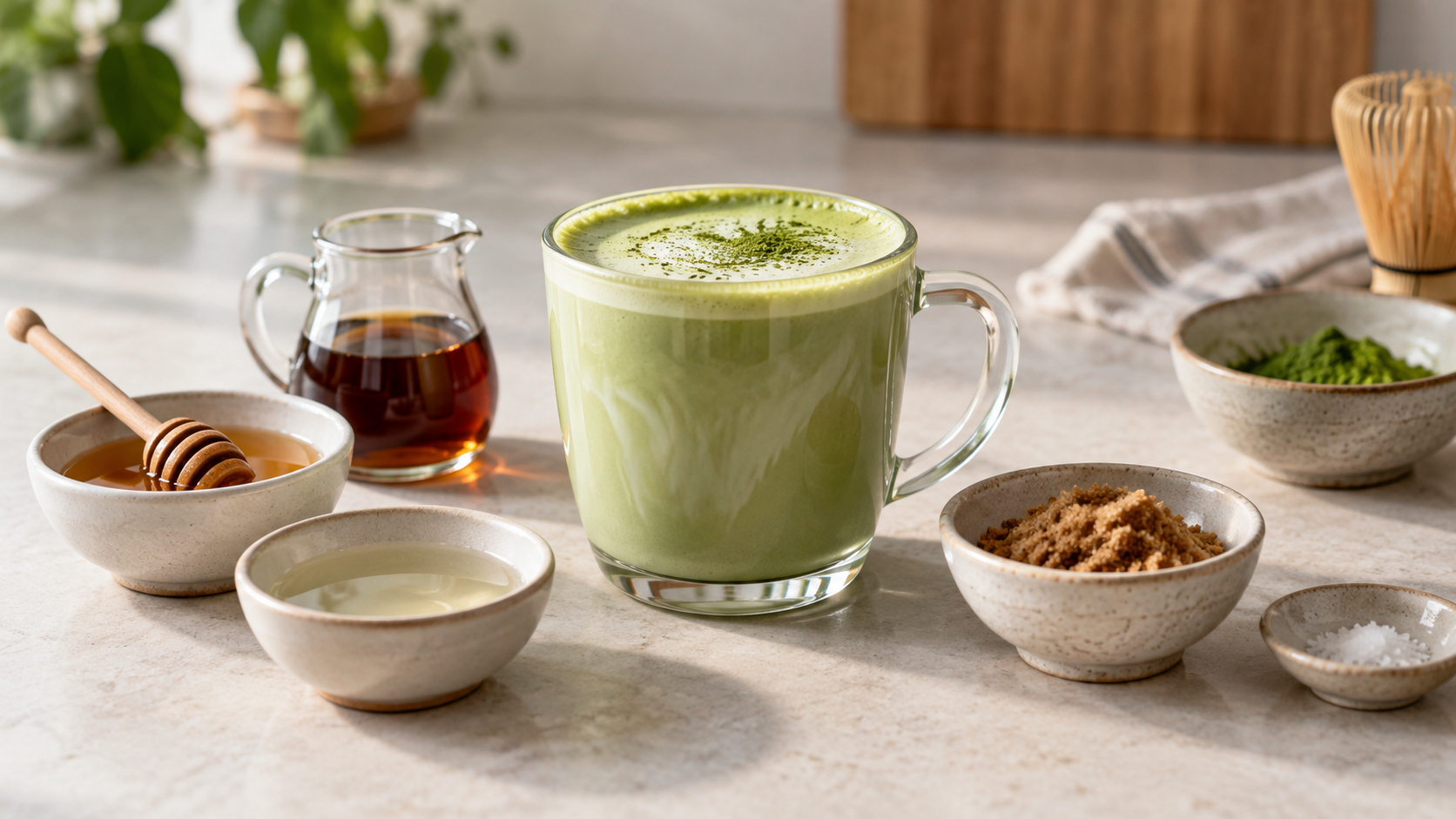 Matcha latte beside honey, maple syrup, simple syrup, brown sugar and salt