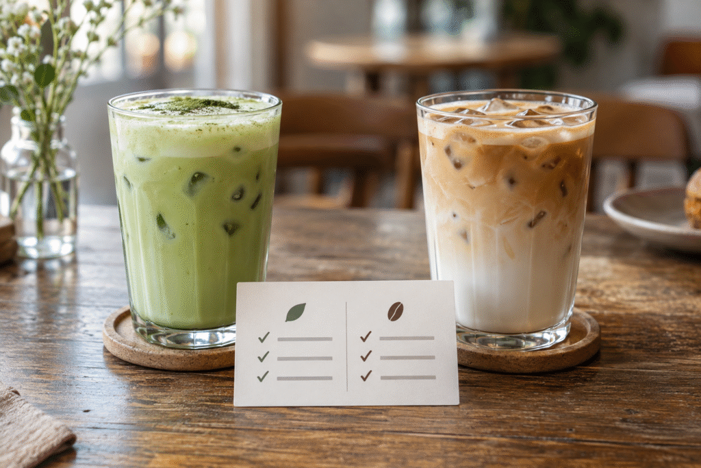 Unbranded matcha latte and coffee latte beside a blank comparison card