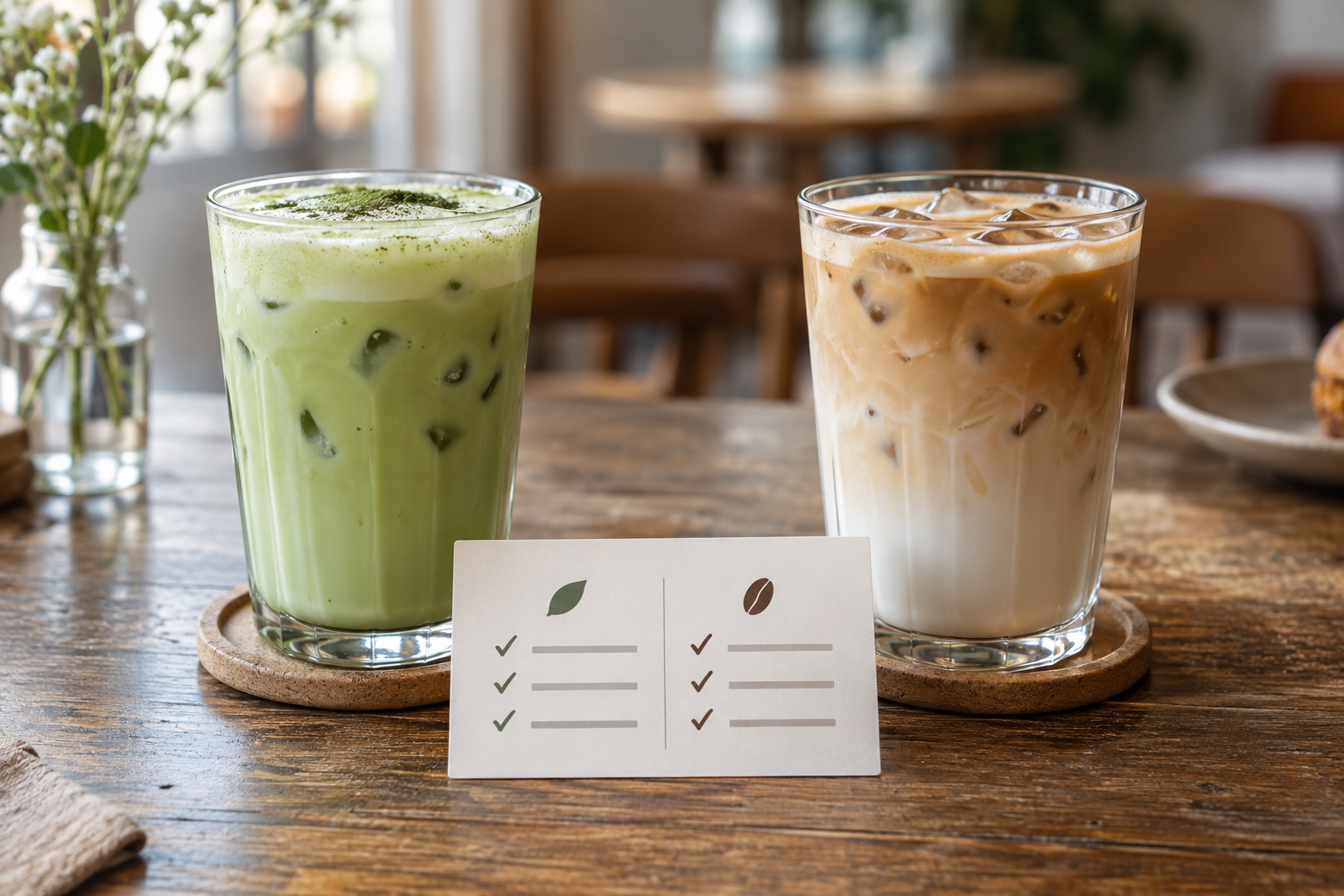 Unbranded matcha latte and coffee latte beside a blank comparison card