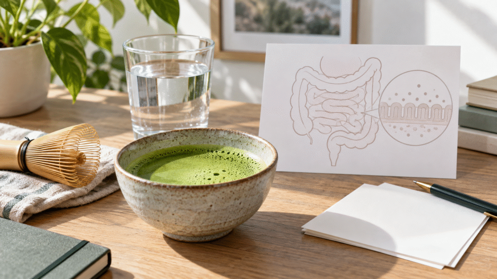 Matcha bowl beside water and a neutral gut-barrier sketch