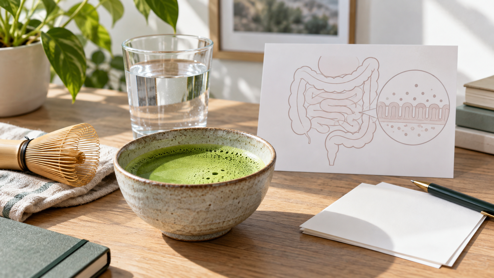 Matcha bowl beside water and a neutral gut-barrier sketch