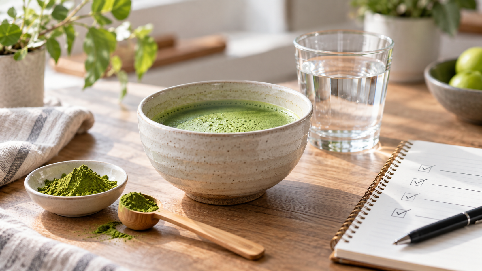 Plain matcha with water, measured powder and a checklist notebook