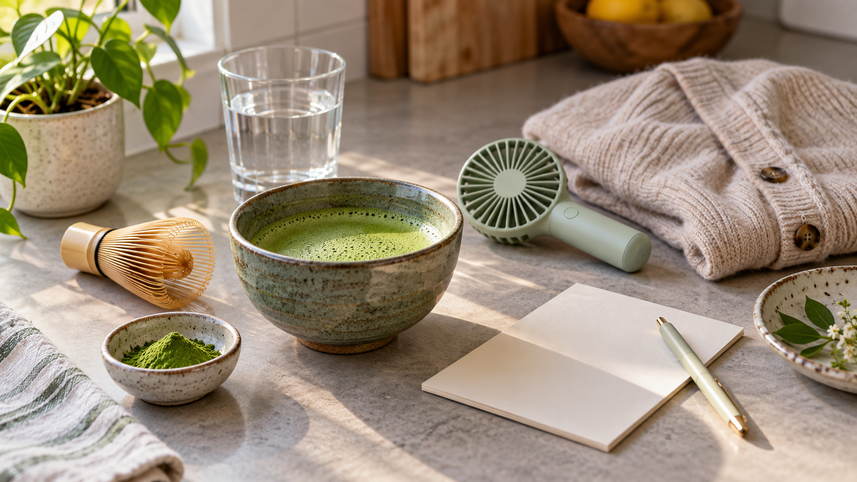 Matcha bowl beside water, a small fan and a blank notes card
