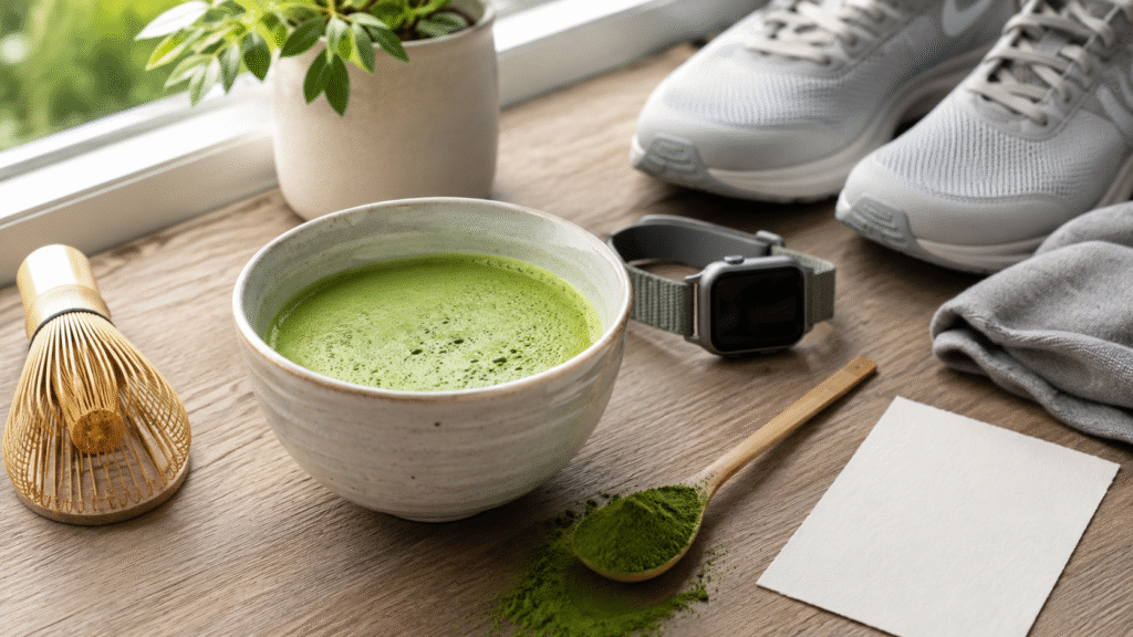 Bowl of matcha and measured powder beside walking shoes and a blank note card