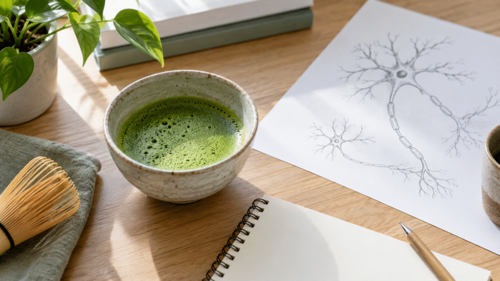 Matcha bowl beside blank notes and a simple nerve sketch