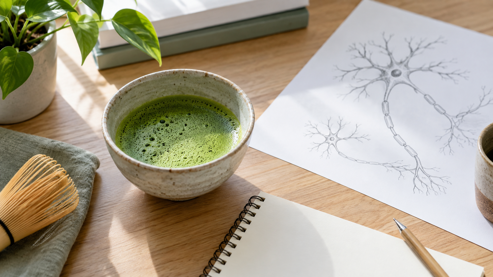 Matcha bowl beside blank notes and a simple nerve sketch