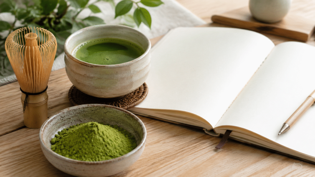 Bowl of matcha powder with prepared matcha, bamboo whisk and blank translation notebook