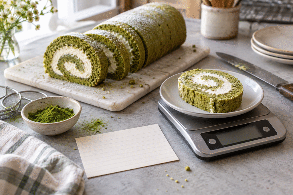 Sliced matcha Swiss roll cake with cream filling, one slice on a kitchen scale and blank recipe card