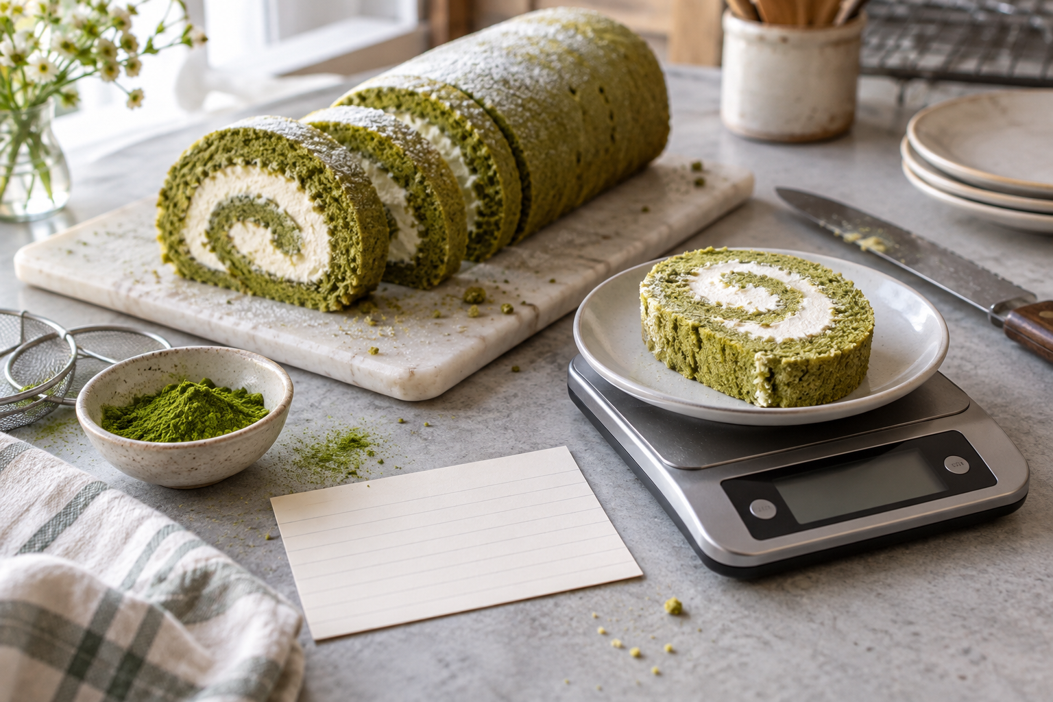 Sliced matcha Swiss roll cake with cream filling, one slice on a kitchen scale and blank recipe card