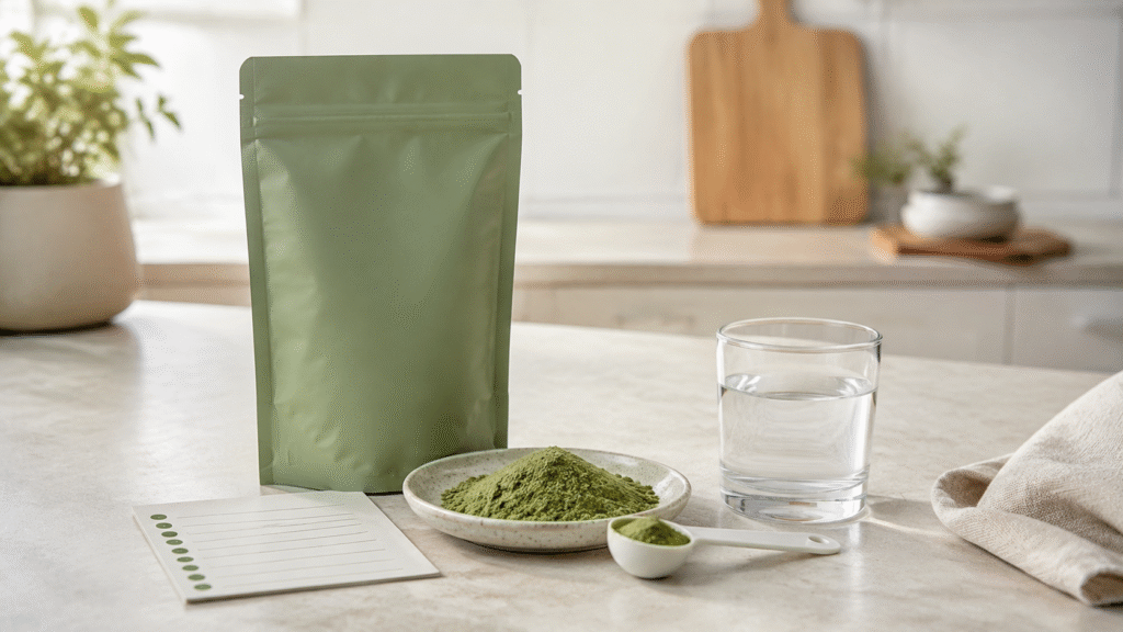Blank green supplement pouch beside matcha powder, a measuring spoon, water and a checklist card on a kitchen counter