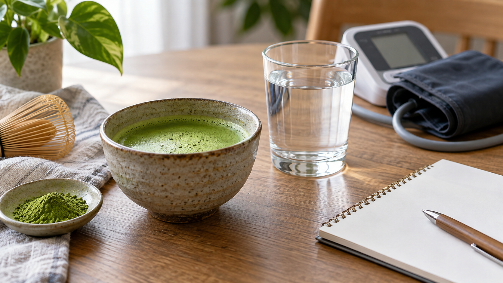 Matcha bowl beside water, blank notes and a blood pressure cuff