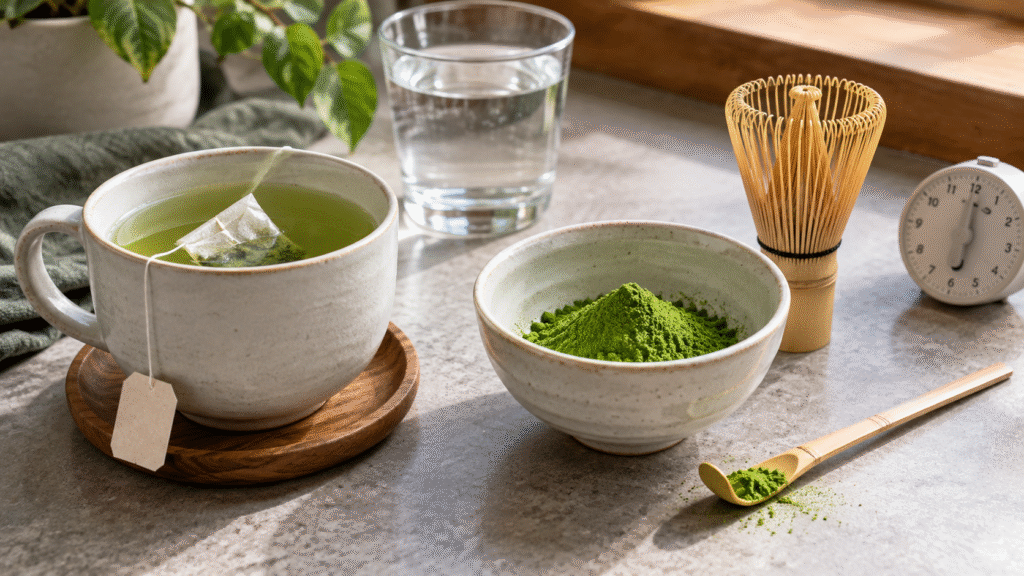 Cup with a green tea bag beside a bowl of matcha powder and bamboo whisk