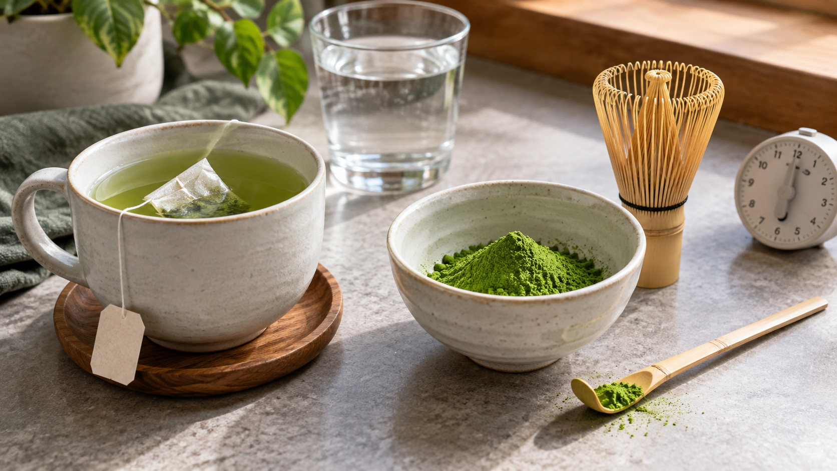 Cup with a green tea bag beside a bowl of matcha powder and bamboo whisk