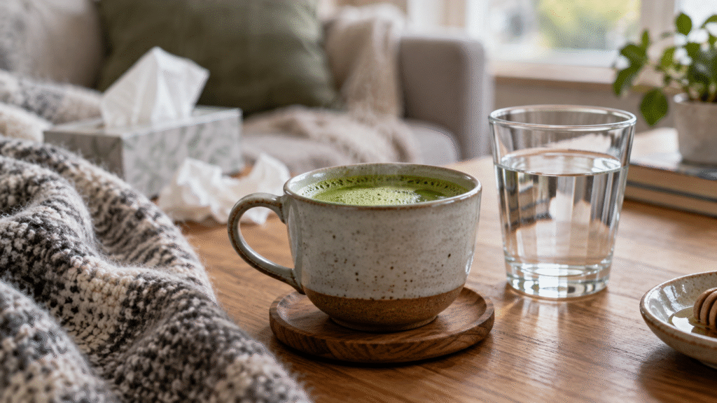 Warm matcha beside a glass of water, tissues and a blanket