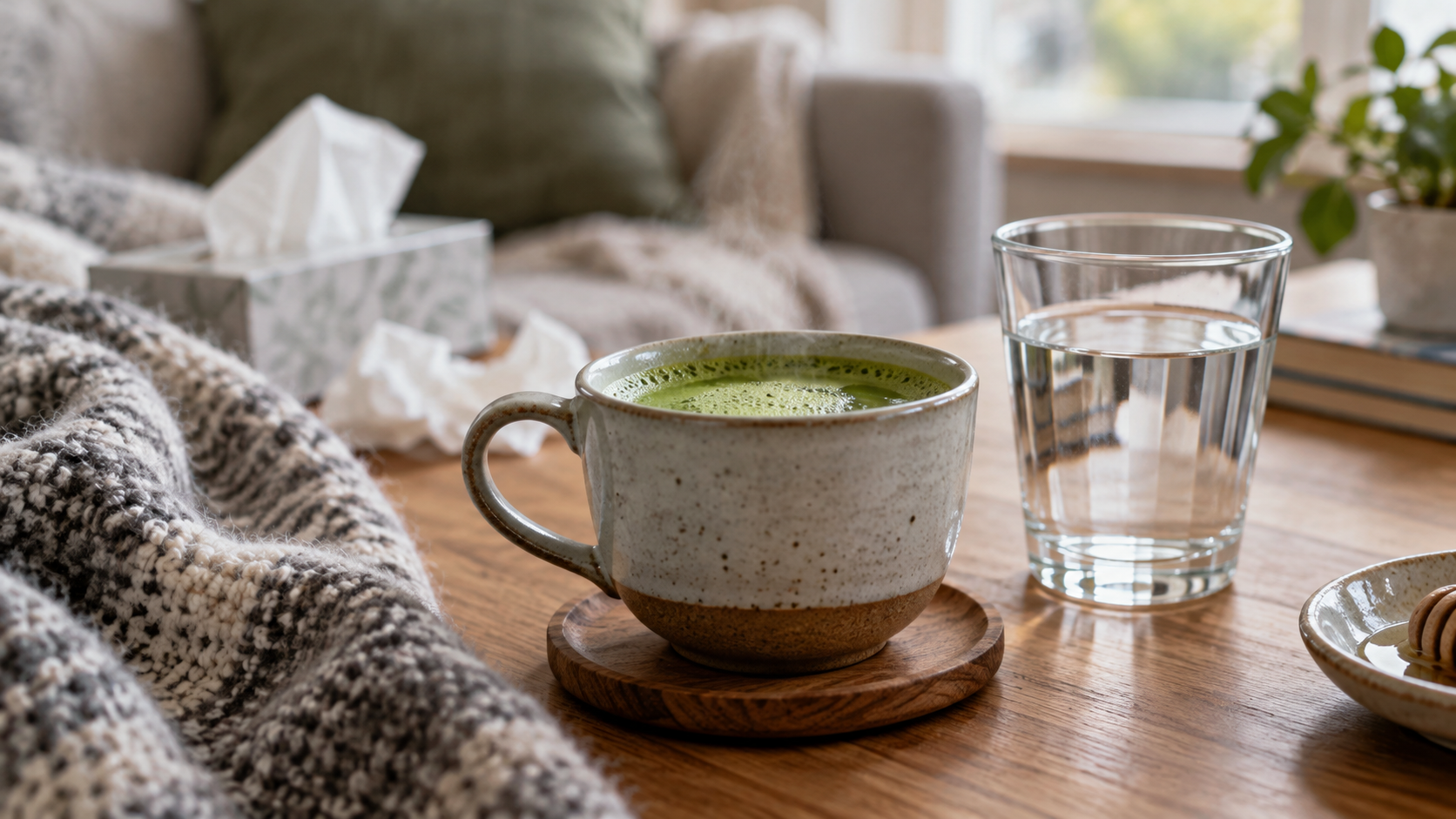 Warm matcha beside a glass of water, tissues and a blanket