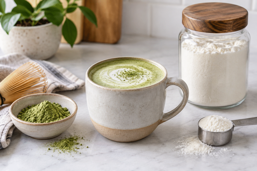 Matcha latte with matcha powder, neutral MCT-style powder and measuring spoon