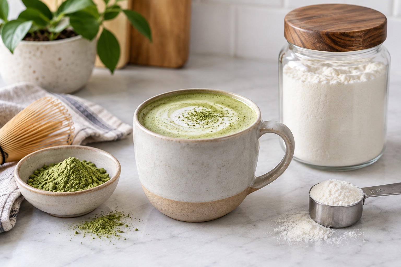 Matcha latte with matcha powder, neutral MCT-style powder and measuring spoon