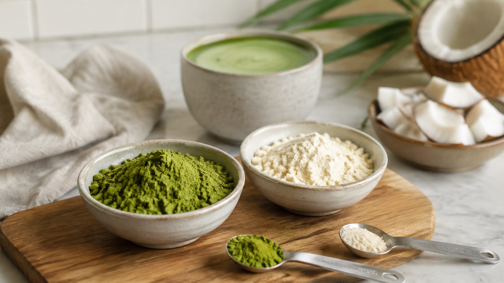 Separate bowls of green matcha powder and pale MCT powder with coconut pieces and a cup of matcha