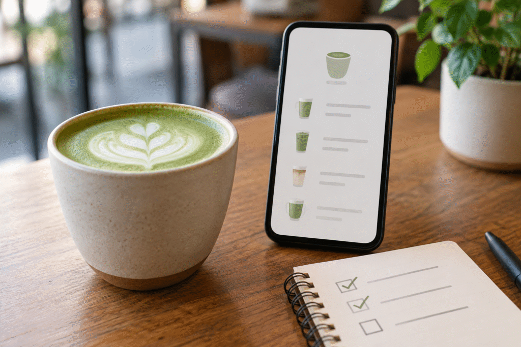 Unbranded matcha latte beside a phone-style menu checklist