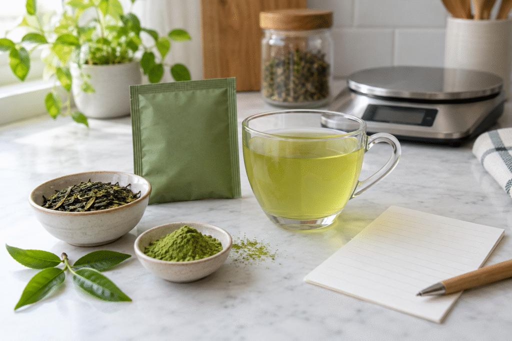 Unbranded green tea sachet, cup of pale green tea, tea leaves, matcha powder and blank nutrition note card