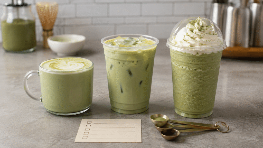 Three unbranded green matcha drinks beside measuring spoons and a blank nutrition checklist card