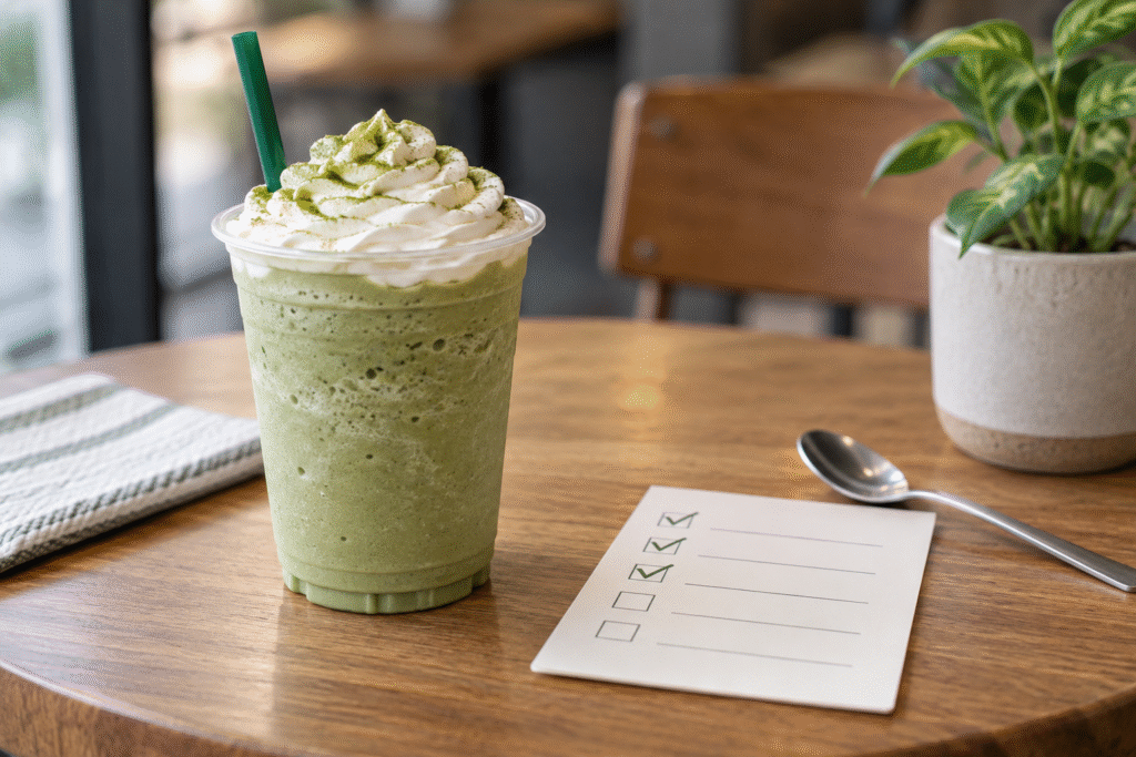 Unbranded green blended café drink beside a nutrition checklist card