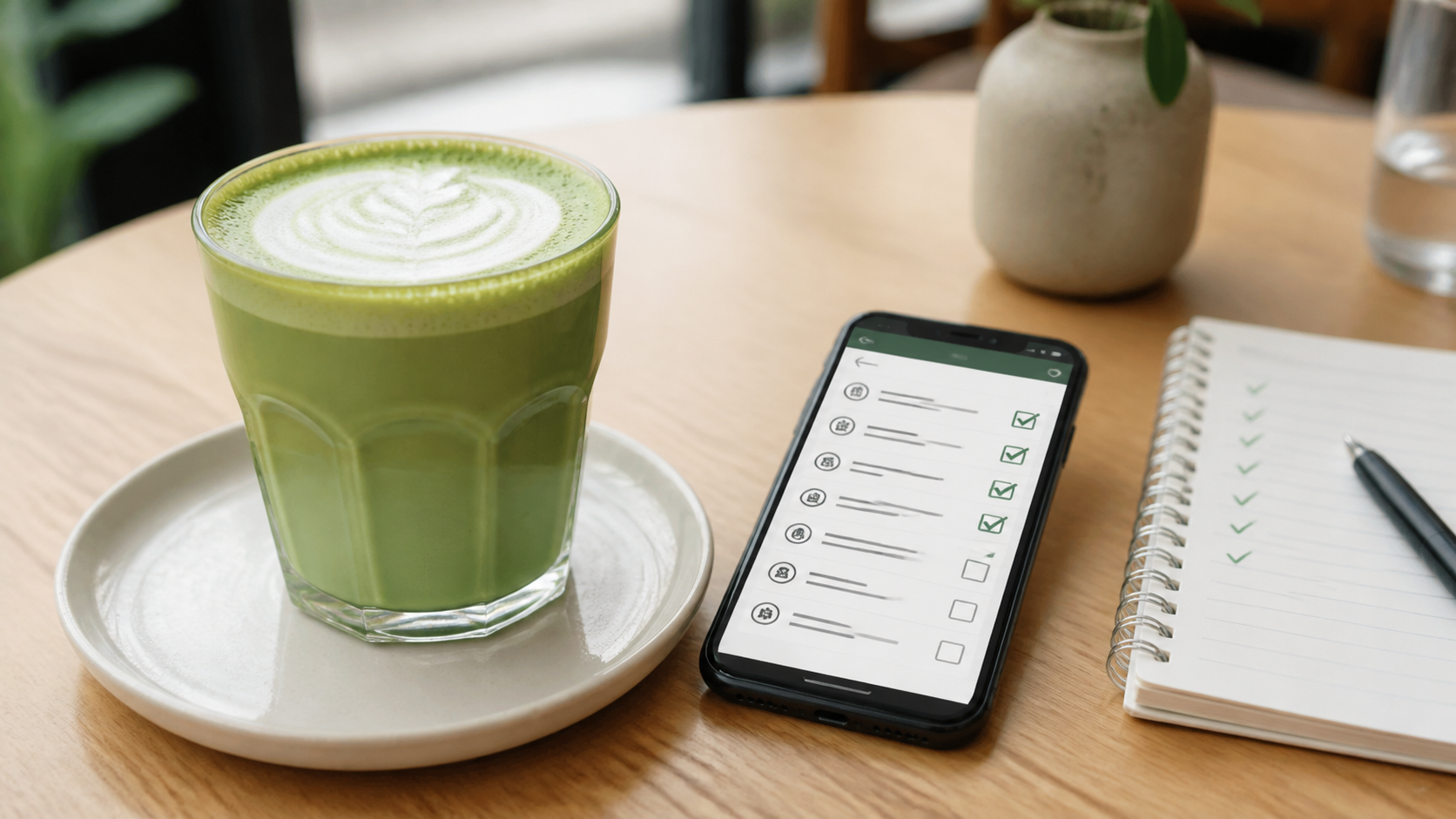 Unbranded matcha latte beside a phone allergen checklist and notebook