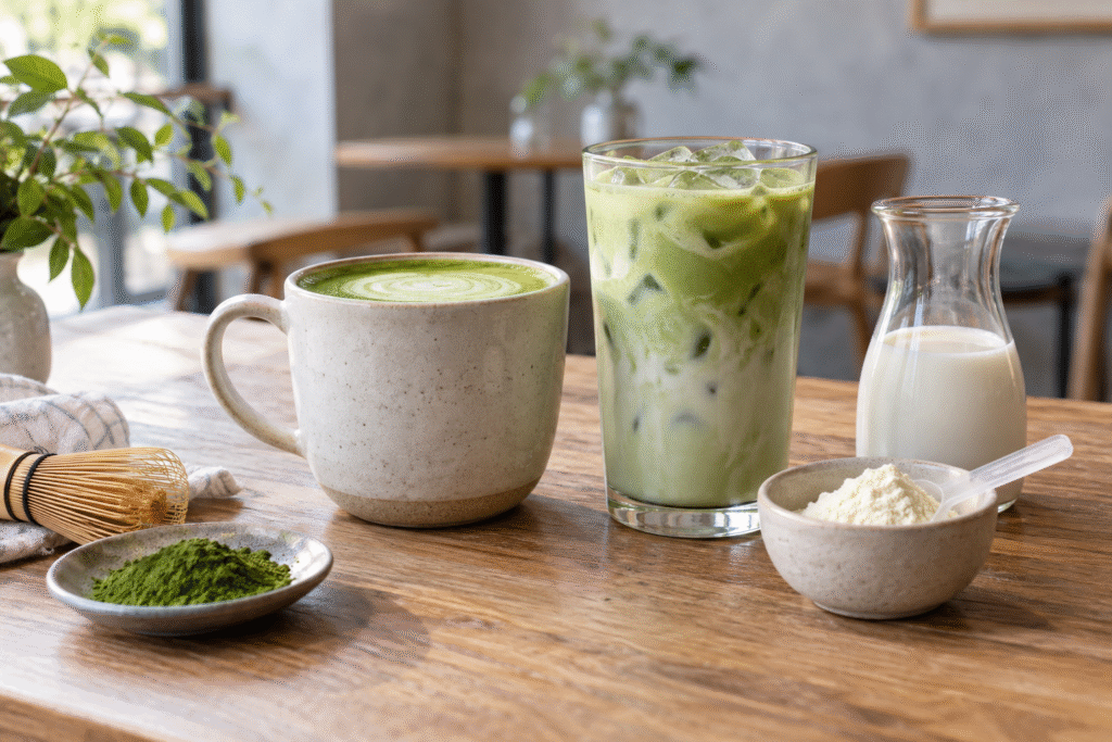 Unbranded hot and iced matcha drinks beside milk, matcha powder and a scoop of whey protein