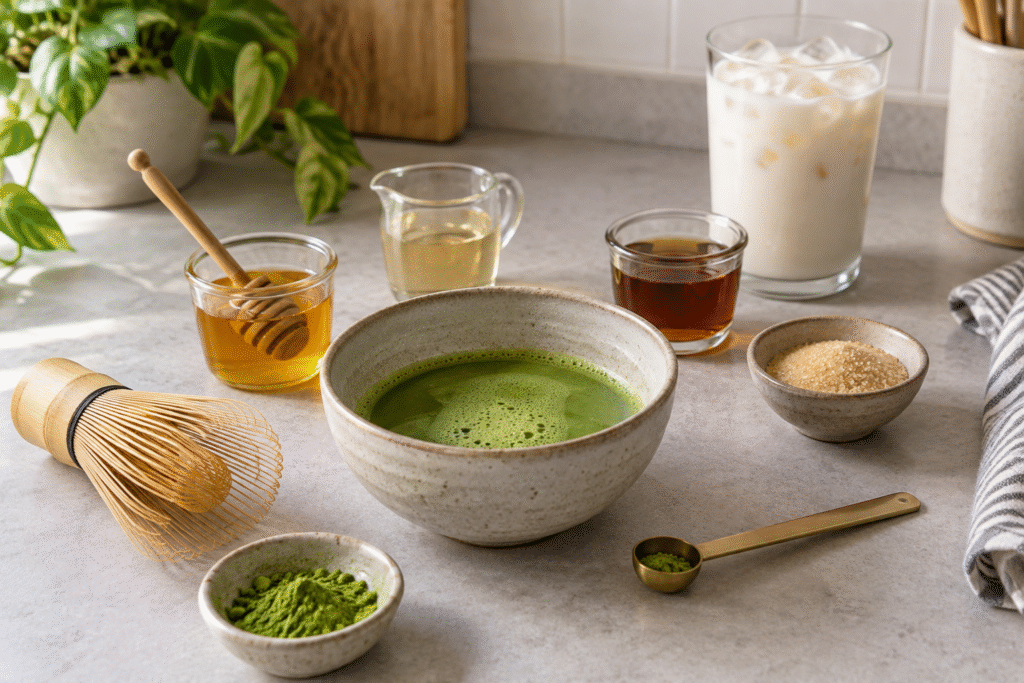 A bowl of whisked matcha with honey, syrup, maple syrup, sugar, milk, matcha powder and a bamboo whisk
