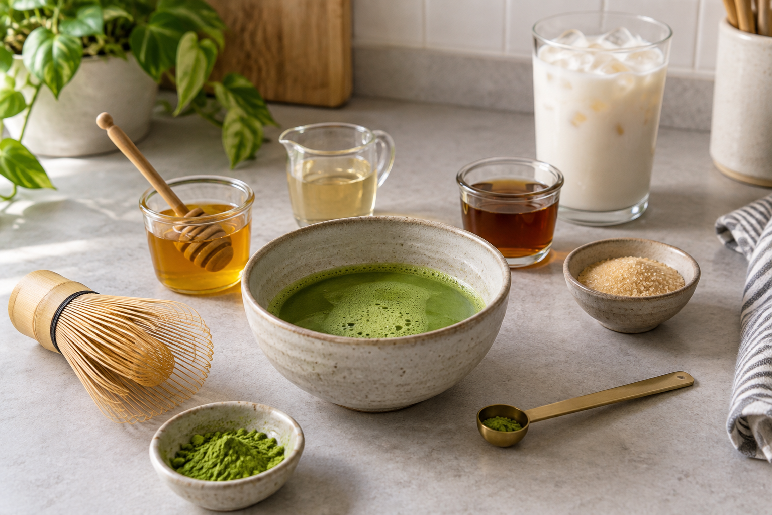 A bowl of whisked matcha with honey, syrup, maple syrup, sugar, milk, matcha powder and a bamboo whisk