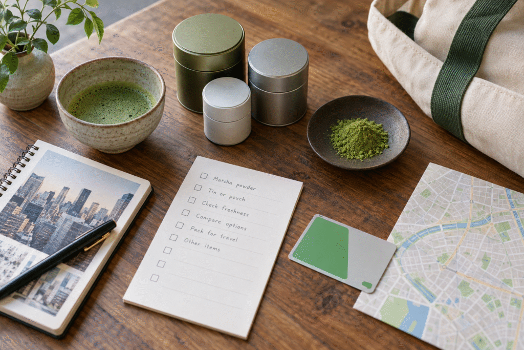 Unbranded matcha tins, matcha powder, a city map, a transit card and a shopping checklist on a wooden table