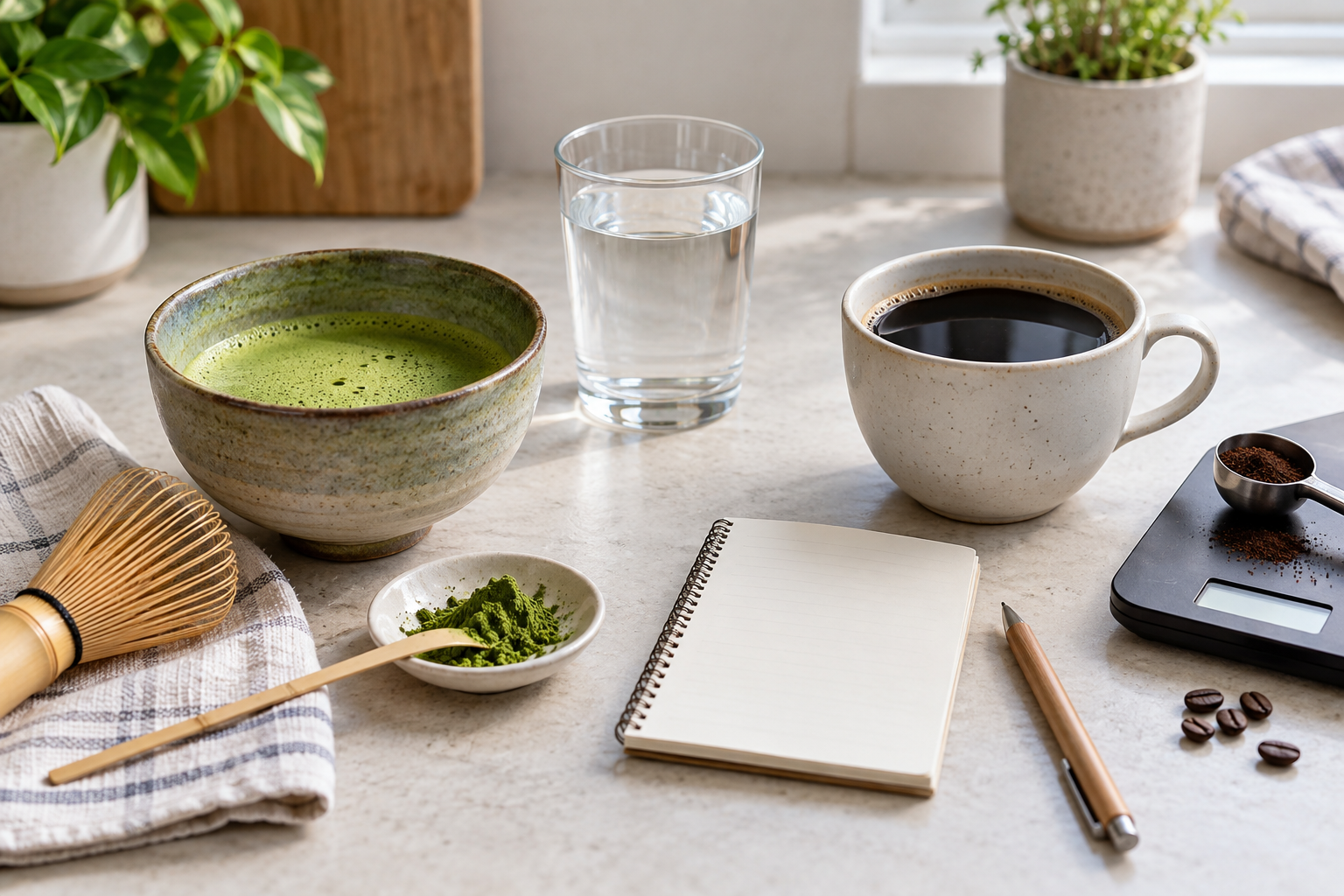Plain matcha, black coffee, water, blank notes, matcha powder and coffee grounds on a kitchen counter