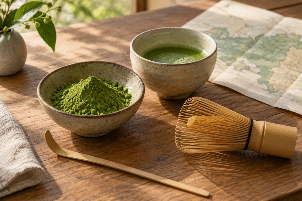 Matcha powder, a bowl of prepared matcha, a bamboo whisk and a neutral map-like paper on a wooden table
